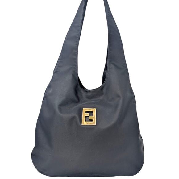 Authentic Vintage Fendi Black Nylon Hobo Shoulder Bag Gold FF Logo Italy - Picture 2 of 13